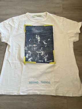 Off-White White Tee with Navy Graphic and Yellow Accents